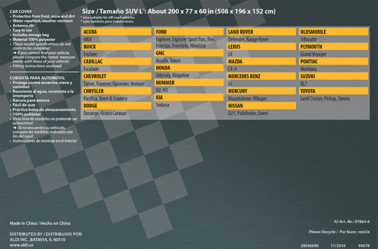Auto XS Car or SUV Cover Size Charts ALDI REVIEWER
